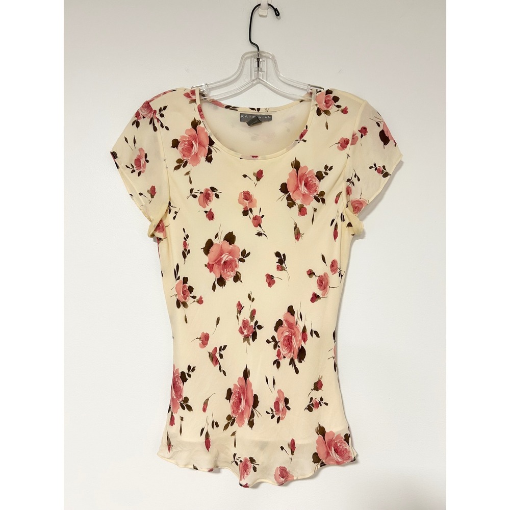 Y2K Fairy Whimsy Kate Hill 100% Silk Floral Rose Cap Sleeve Blouse Cream Pink 8P